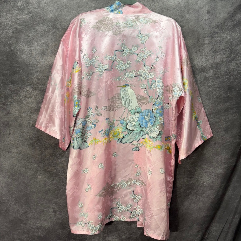 Marukyo Tokyo Vintage Pink Satin Kimono Robe Size L Crane Floral Made in Japan